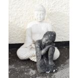 Reconstituted garden ornament formed as a cross-legged Buddha, 43cm high, together with a smaller