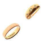 18ct gold wedding band, Birmingham 1916, size P, and an 18ct gold band with a single diamond, size