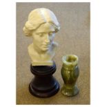 Early 20th Century plaster bust of a female on a turned plinth, height of bust 25cm, and a green