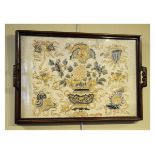 Oriental rectangular needlework panel with gilt thread depicting central vase with flowers, set