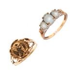 9ct gold dress ring set three graduated pale blue stones with diamond shoulders, size Q, and a