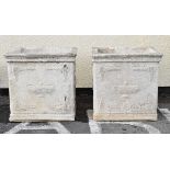 Large pair of reconstituted garden planters, each of square design with relief-moulded urn