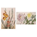 Two Japanese woodblock prints - Study of Gladioli and Chrysanthemums, framed and glazed, 37.5cm x