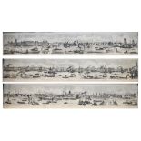 Three cloth back polychrome prints, panoramic views of the River Thames with all the notable