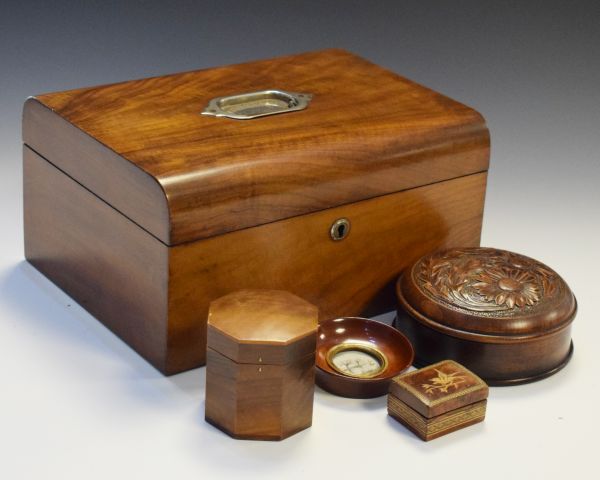 Late Victorian walnut jewellery box fitted tray interior with silk lining, together with three