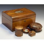 Late Victorian walnut jewellery box fitted tray interior with silk lining, together with three