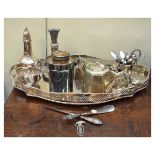 Selection of plated wares to include; serpentine gallery tray, sugar sifter, etc Condition: