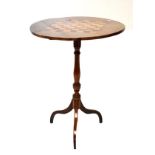 19th Century walnut and parquetry games/chess table having a circular top with inset board on turned