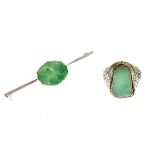 White metal bar brooch having oval carved jade panel, stamped '15ct', together with a filigree