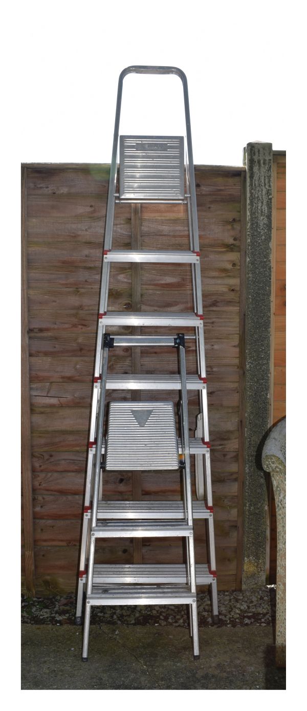 Two aluminium folding ladders, the larger of six treads marked Titan (2) Condition: