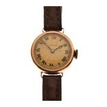 9ct gold cased 'Mappin' lady's wristwatch having engine turned Roman dial and a brown leather