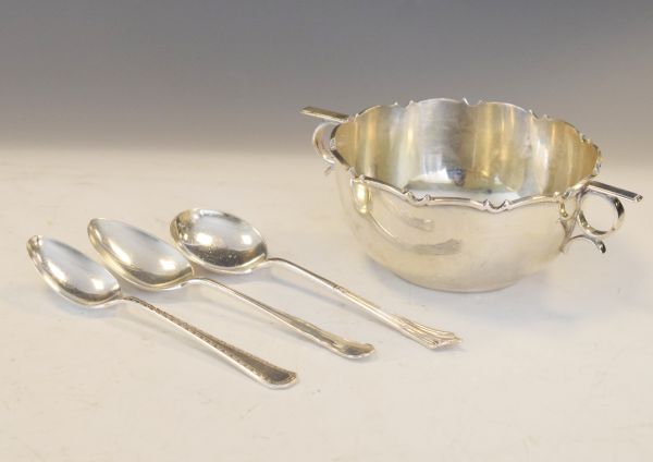George V silver two handled porringer type bowl, Sheffield 1935, together with three silver