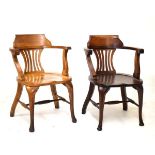 Railway Interest - Oak tub shaped open-arm elbow chair having a pierced waisted splat back, hard