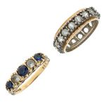 9ct gold dress ring set sapphires and white stones, size P, together with an eternity ring set white