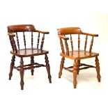 Railway Interest - Oak Smokers Bow elbow chair typically having a spindle back, hard seat and