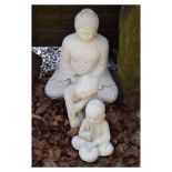 Garden Ornaments - Two figures of the Buddha, together with a monk banging a drum, largest 42cm high