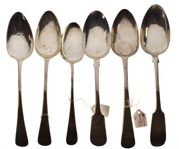 Six various Georgian silver tablespoons, combined weight 10.7toz approx Condition: