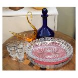 Mixed selection of glass to include; Bristol blue glass decanter, Venetian swan, two lead crystal