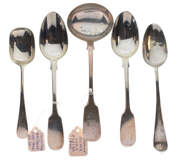 Victorian Exeter silver sauce ladle, 1845, together with four various silver spoons, combined weight