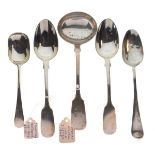 Victorian Exeter silver sauce ladle, 1845, together with four various silver spoons, combined weight