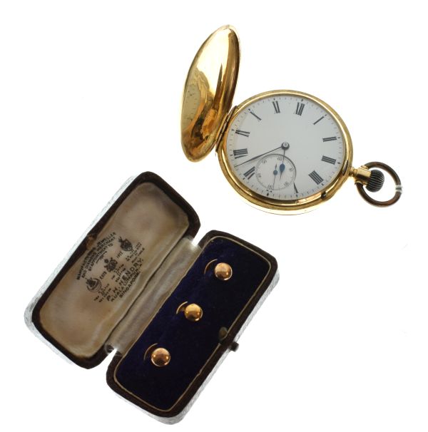 Gentleman's full hunter pocket watch, the case stamped '18k', having white enamel Roman dial with