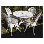 White-painted aluminium patio set of circular table and four chairs, each with anthemion backs,