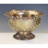 Edward VII embossed silver rose bowl having allover foliate decoration, the pierced rim with mask