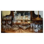 Assorted glassware to include; half size decanter with etched figure of a lady golfer, mallet