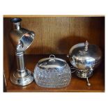 Silver-lidded cut glass dressing table jar, together with a students silver-plated candle lantern