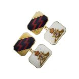 Pair of Royal Artillery enamel decorated gold coloured metal cufflinks, bearing the Regimental Crest