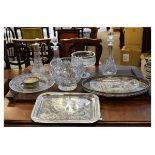 Assorted glassware to include; claret jug, two decanters, two pedestal bowls, galleried tray etc