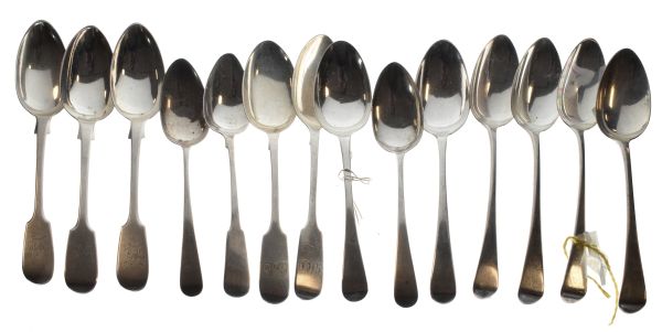 Nine mainly Georgian London hallmarked silver teaspoons, together with five Victorian Exeter