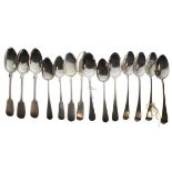 Nine mainly Georgian London hallmarked silver teaspoons, together with five Victorian Exeter
