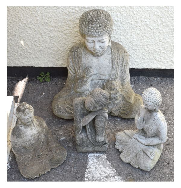 Garden Ornaments - Four assorted figures of South East Asian-style Buddhas, three seated cross-