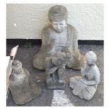Garden Ornaments - Four assorted figures of South East Asian-style Buddhas, three seated cross-