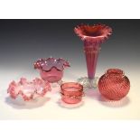 Pink vaseline glass Jack In The Pulpit vase, together with four other pieces of pink glassware