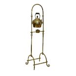 Brass spirit kettle and stand, the stand of tall fireside design with spirit burner, 98cm high
