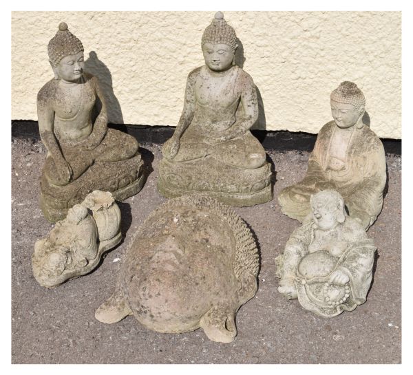 Garden Ornaments - Six assorted figures of the Buddha including; two as Hotei/Budai, largest 37cm (