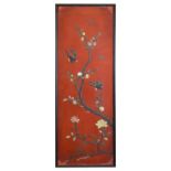 Chinese red lacquered panel having inset soapstone, hardstone and bone decoration depicting birds