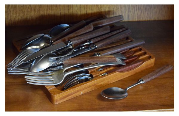 Modern Design - Collection of stainless steel 1960's cutlery having hardwood handles, some stamped