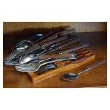 Modern Design - Collection of stainless steel 1960's cutlery having hardwood handles, some stamped