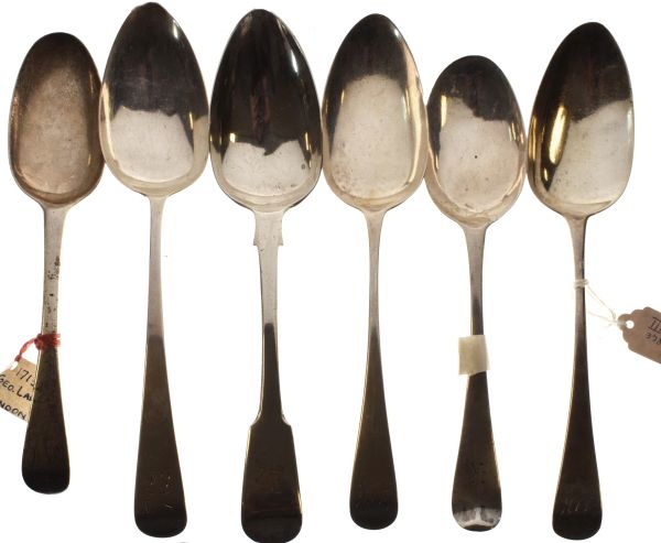 Six various Georgian silver tablespoons, combined weight 11toz approx Condition: