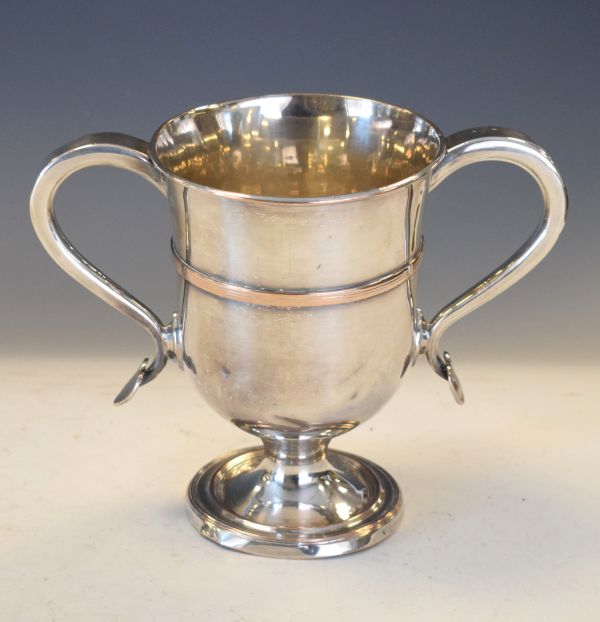 18th Century Sheffield plate two handled cup, the loop handles with heart shaped terminals and