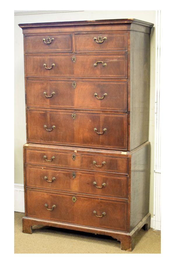 19th Century inlaid walnut chest on chest or tallboy, the upper section with cross grain-moulded