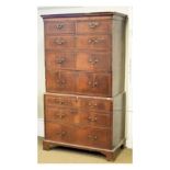 19th Century inlaid walnut chest on chest or tallboy, the upper section with cross grain-moulded