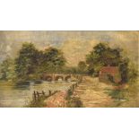 Early 20th Century oil on canvas - River scene with arched stone bridge and cottage, in a gilt