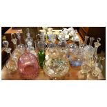 Large collection of assorted glassware to include glass decanters, cranberry lamp shade, marbles etc