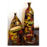 Four items of modern pottery comprising: three vases and a dish, each with multi-coloured