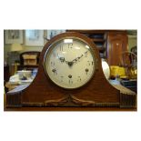 1920's period oak cased mantel clock of 'Napoleons Hat' design with three-train chiming movement