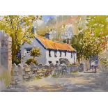 Late 20th Century watercolour depicting two figures on a country lane outside a cottage,